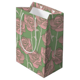 Green Pink Rose Retro Y2K 70er Blume Muster Mittlere Geschenktüte