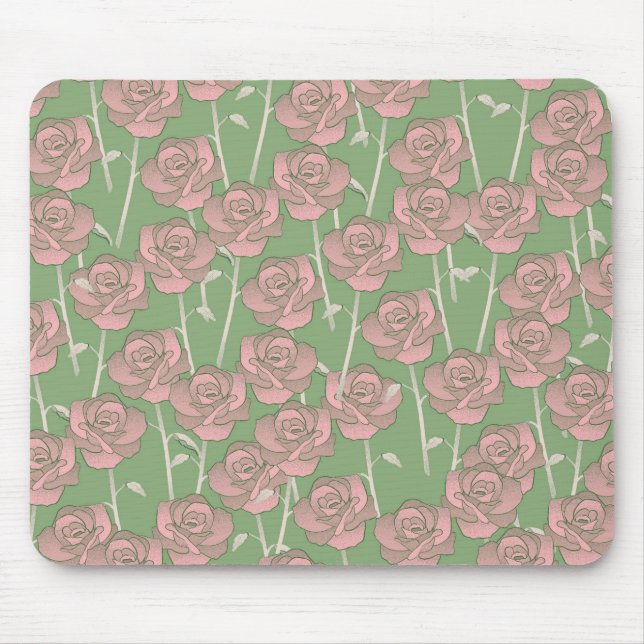 Green Pink Rose Retro Y2K 70er Blume Muster Mousepad (Vorne)
