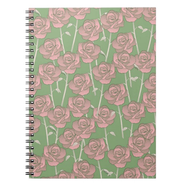 Green Pink Rose Retro Y2K 70er Blume Muster Notizblock (Vorderseite)