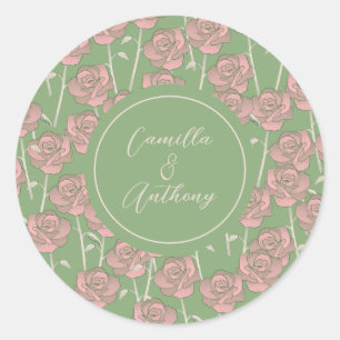 Green Pink Rose Retro Y2K 70er Blume Muster Runder Aufkleber