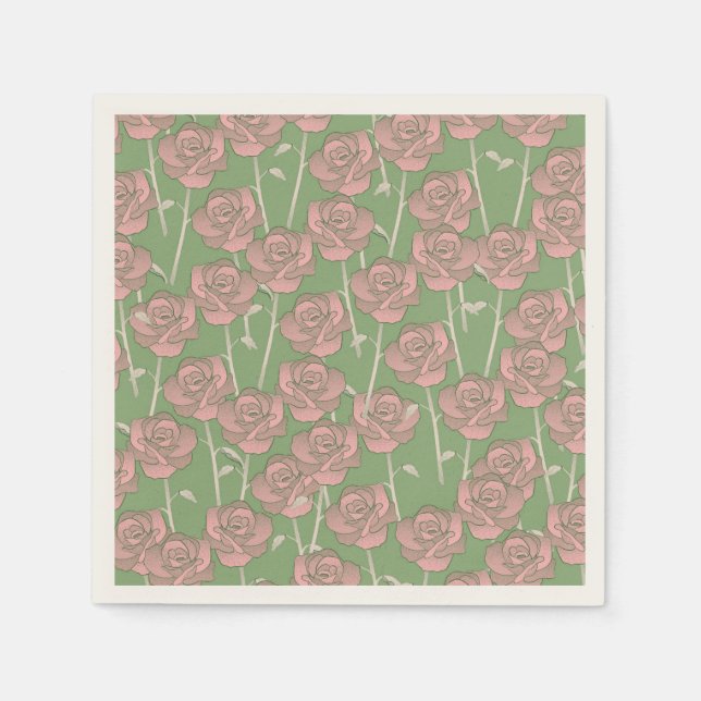 Green Pink Rose Retro Y2K 70er Blume Muster Serviette (Vorderseite)