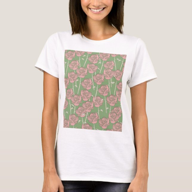 Green Pink Rose Retro Y2K 70er Blume Muster T-Shirt (Vorderseite)