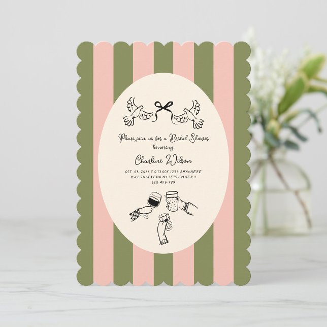 Green Pink Striped Cute illustrated Bridal Shower Einladung (Von Creator hochgeladen)