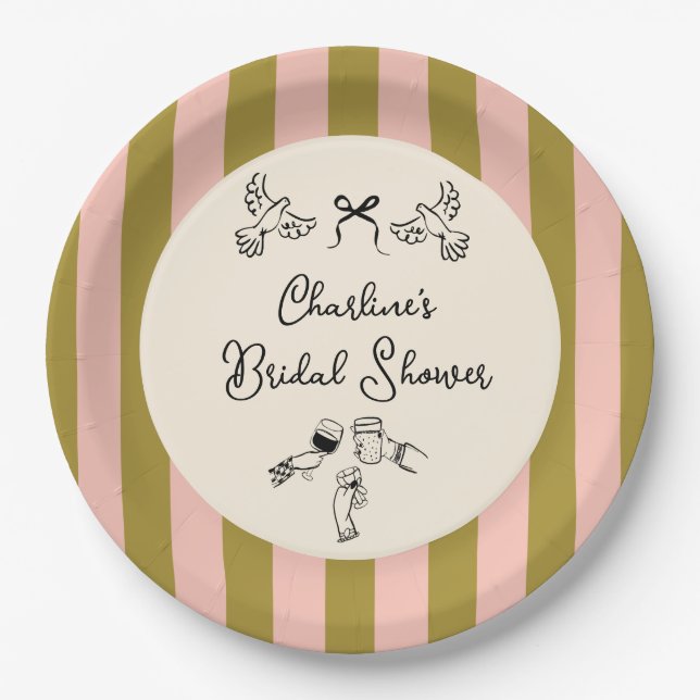 Green Pink Striped Cute illustrated Bridal Shower Pappteller (Vorderseite)