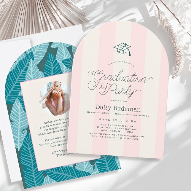 Green & Pink Stripes Palms Graduation Party Photo Einladung (Von Creator hochgeladen)