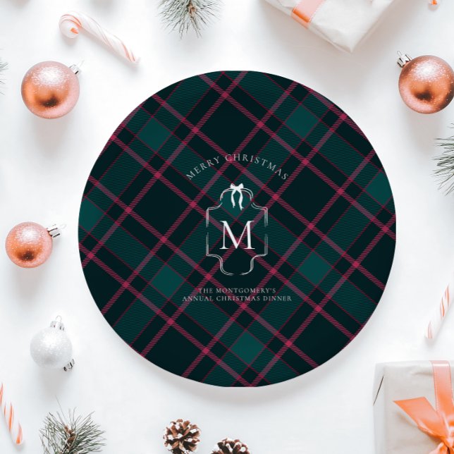Green & Pink Tartan | Custom Monogram Christmas Pappteller (Von Creator hochgeladen)