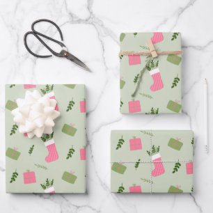 Green Pink Weihnachtsgeschenk Strumpf Pattern Geschenkpapier Set