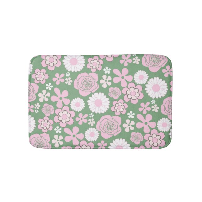 Green Pink White Retro Y2K 70er Blume Muster Badematte (Vorderseite)
