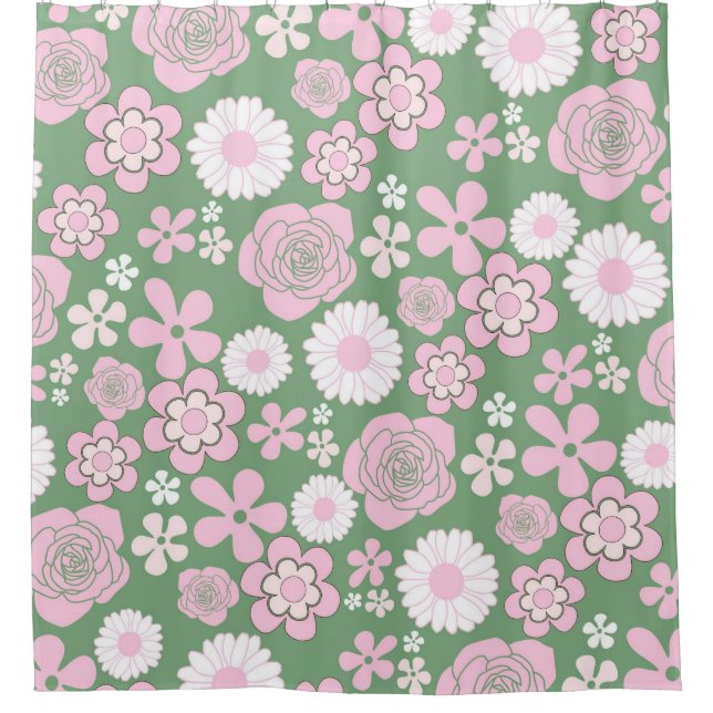 Green Pink White Retro Y2K 70er Blume Muster Duschvorhang (Vorderseite)