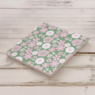 Green Pink White Retro Y2K 70er Blume Muster Fliese