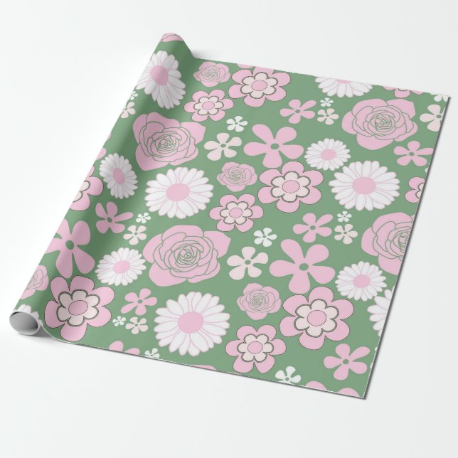 Green Pink White Retro Y2K 70er Blume Muster Geschenkpapier (Ungerollt)