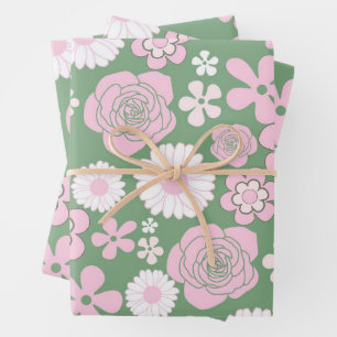 Green Pink White Retro Y2K 70er Blume Muster Geschenkpapier Set
