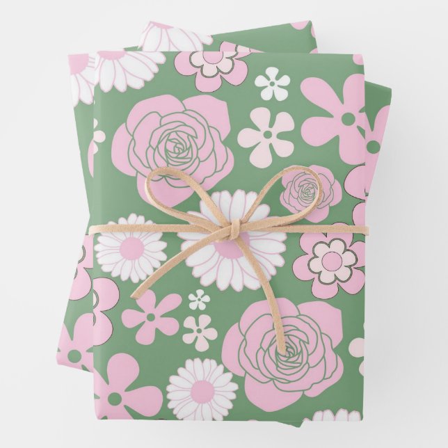 Green Pink White Retro Y2K 70er Blume Muster Geschenkpapier Set (Beispiel)