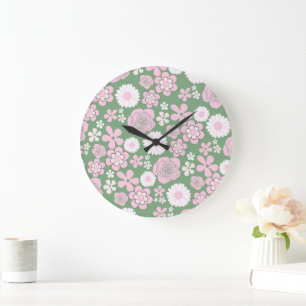 Green Pink White Retro Y2K 70er Blume Muster Große Wanduhr