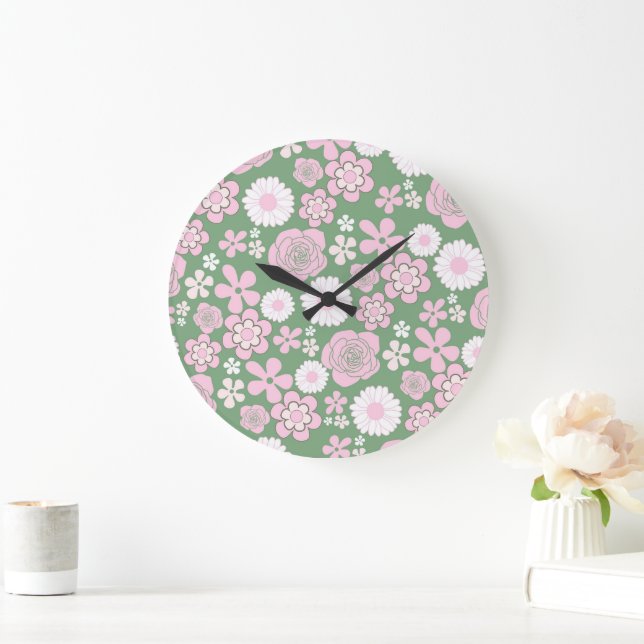 Green Pink White Retro Y2K 70er Blume Muster Große Wanduhr (Zuhause)