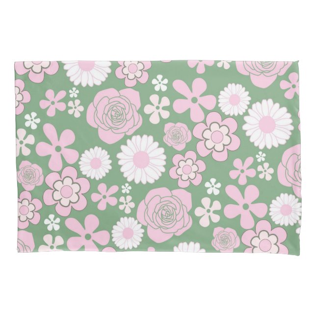 Green Pink White Retro Y2K 70er Blume Muster Kissenbezug (Vorderseite)