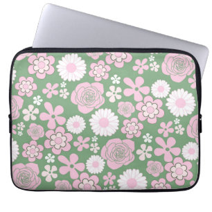 Green Pink White Retro Y2K 70er Blume Muster Laptopschutzhülle