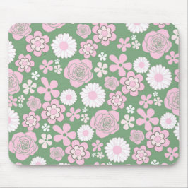 Green Pink White Retro Y2K 70er Blume Muster Mousepad