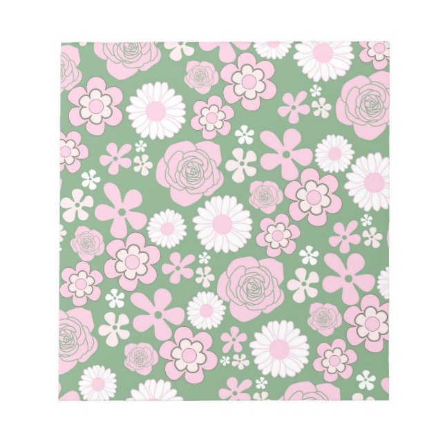 Green Pink White Retro Y2K 70er Blume Muster Notizblock (Vorderseite)