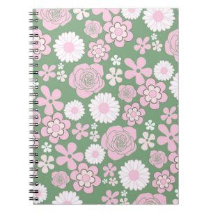 Green Pink White Retro Y2K 70er Blume Muster Notizblock