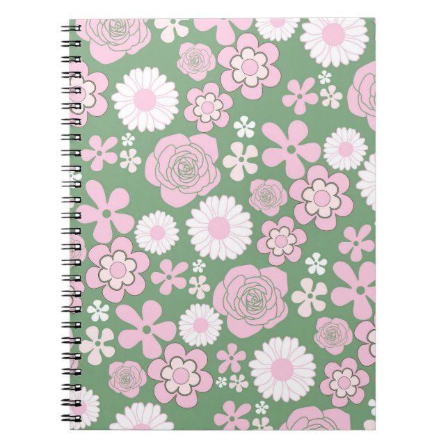 Green Pink White Retro Y2K 70er Blume Muster Notizblock (Vorderseite)