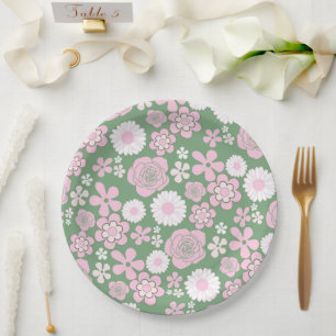 Green Pink White Retro Y2K 70er Blume Muster Pappteller