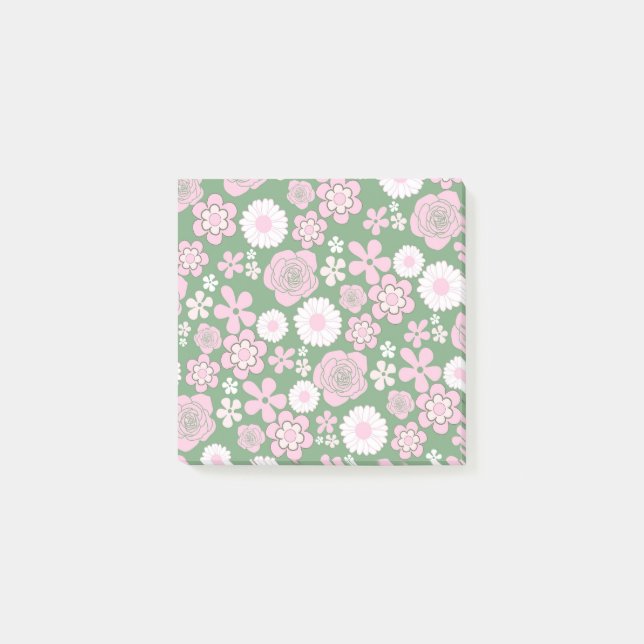 Green Pink White Retro Y2K 70er Blume Muster Post-it Klebezettel (Vorderseite)