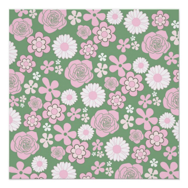 Green Pink White Retro Y2K 70er Blume Muster Poster (Vorderseite)