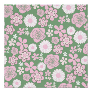 Green Pink White Retro Y2K 70er Blume Muster Poster