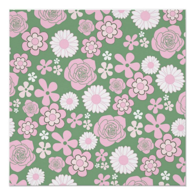 Green Pink White Retro Y2K 70er Blume Muster Poster (Vorderseite)