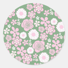 Green Pink White Retro Y2K 70er Blume Muster Runder Aufkleber