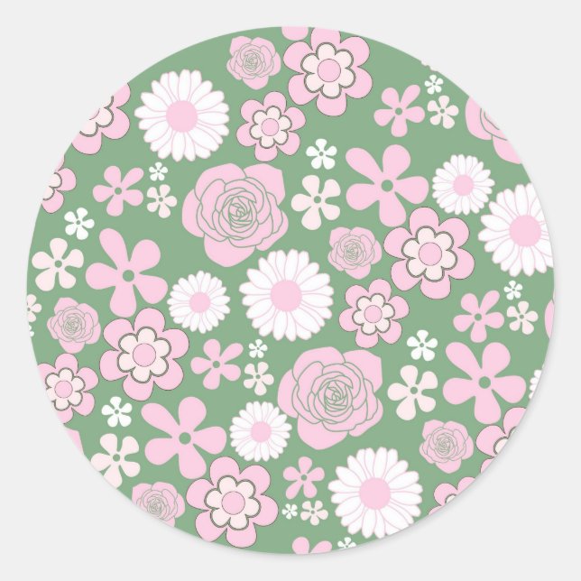 Green Pink White Retro Y2K 70er Blume Muster Runder Aufkleber (Vorderseite)