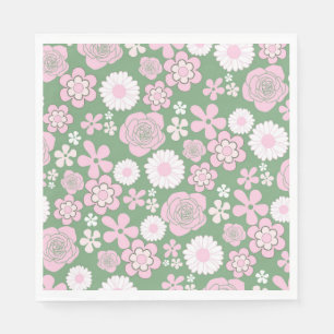Green Pink White Retro Y2K 70er Blume Muster Serviette