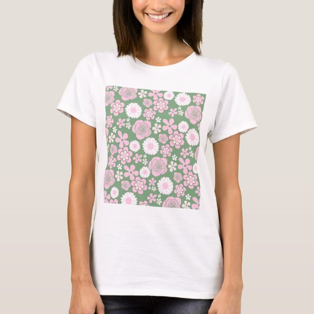 Green Pink White Retro Y2K 70er Blume Muster T-Shirt (Vorderseite)