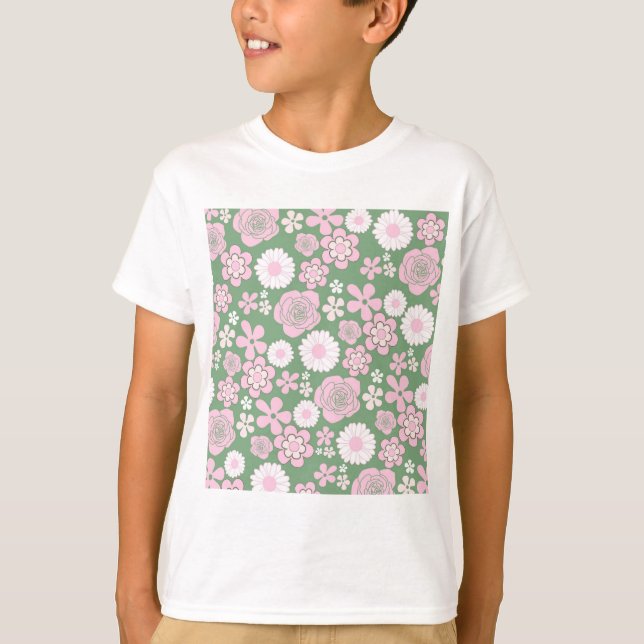 Green Pink White Retro Y2K 70er Blume Muster T-Shirt (Vorderseite)