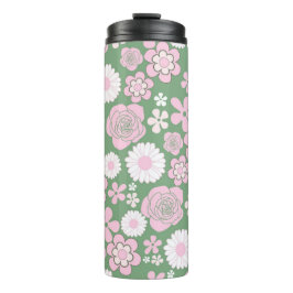 Green Pink White Retro Y2K 70er Blume Muster Thermosbecher