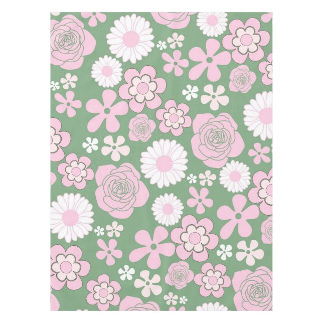 Green Pink White Retro Y2K 70er Blume Muster Tischdecke (Vorderseite)