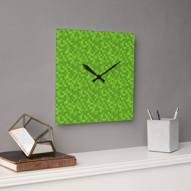 Green Pixel Pattern Retro 8-Bit Gaming Quadratische Wanduhr (Büro)