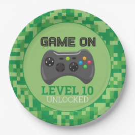 Green pixellevel up Video Game Birthday Party Pappteller
