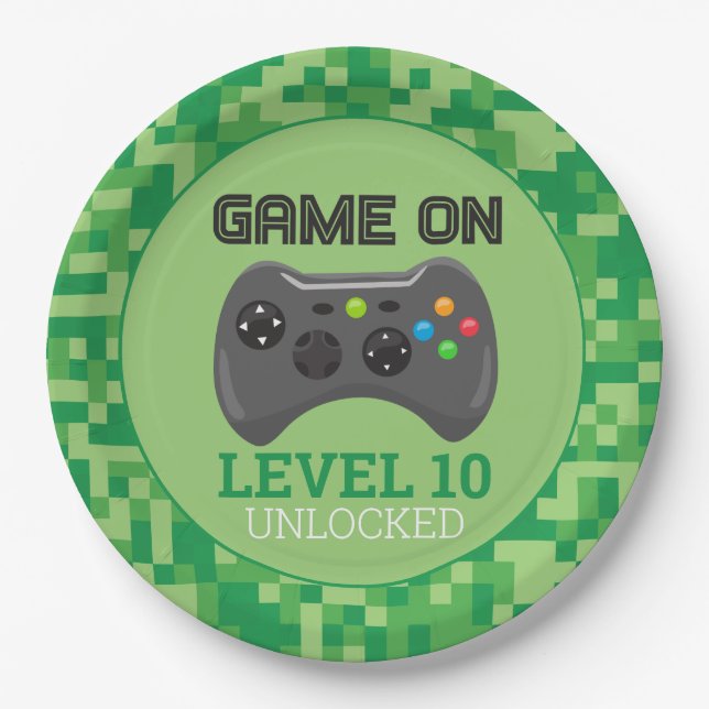Green pixellevel up Video Game Birthday Party Pappteller (Vorderseite)