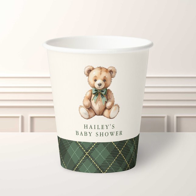 Green Plaid Classic Teddy Bear Baby Shower Pappbecher (Von Creator hochgeladen)