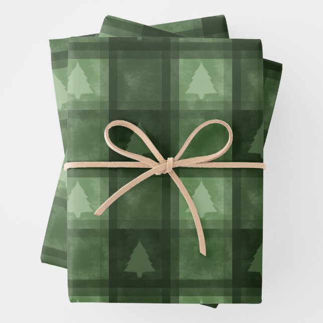 Green Plaid With Fir Tree Motifs Christmas Pattern Geschenkpapier Set (Beispiel)