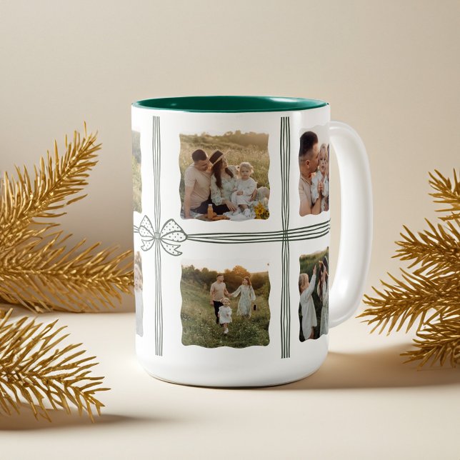 Green Polka Dot Christmas Bow Familie Foto Collage Zweifarbige Tasse (Green Polka Dot Christmas Bow Family Photo Collage Two-Tone Coffee Mug)