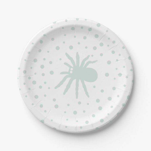 Green Polka Dot Confetti mit Spooky Spider Pappteller (Vorderseite)