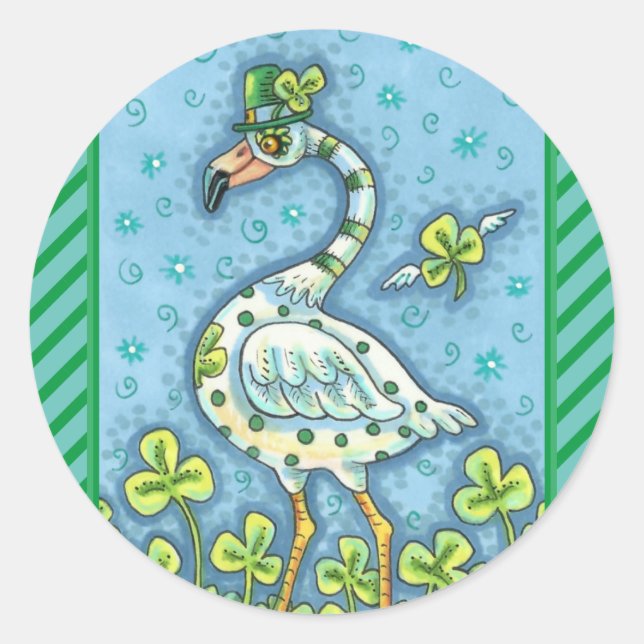 GREEN POLKA DOT FLAMINGO, FUNNY ST. PATRICK'S DAY RUNDER AUFKLEBER (Vorderseite)