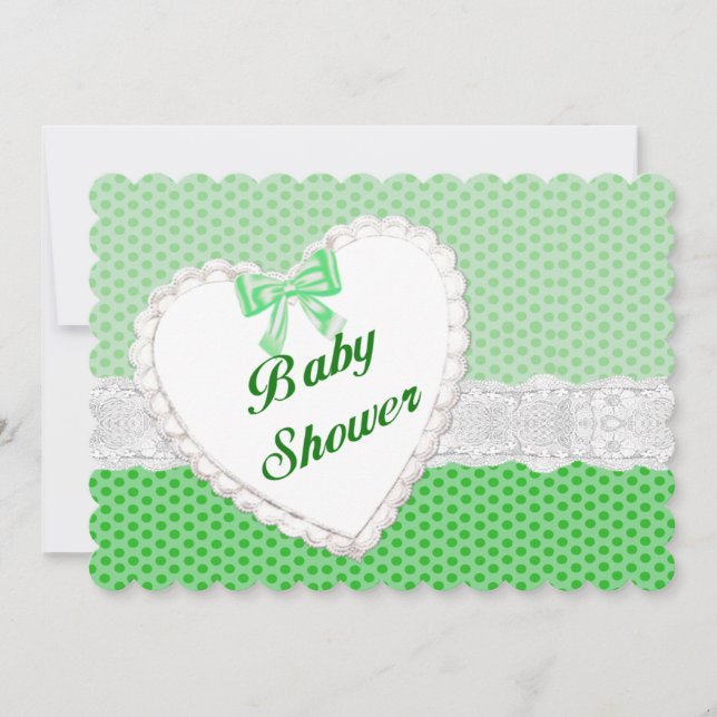 Green Polka Dot Lace Heart Baby Shower Einladung (Vorderseite)