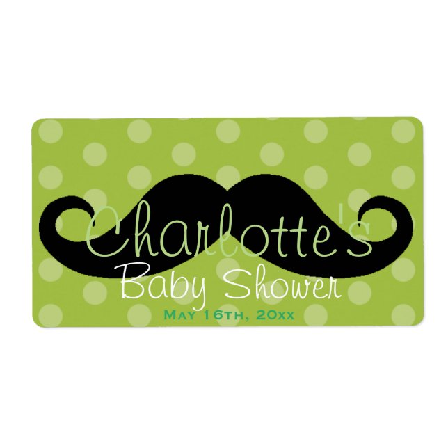 Green Polka Dot Mustache Baby Dusche Wasserflasche (Vorne)