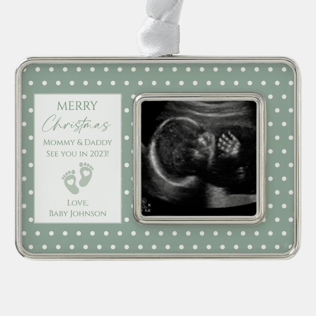 Green Polka Dot New Baby Ultrasound Foto Rahmen-Ornament Silber (Vorderseite)