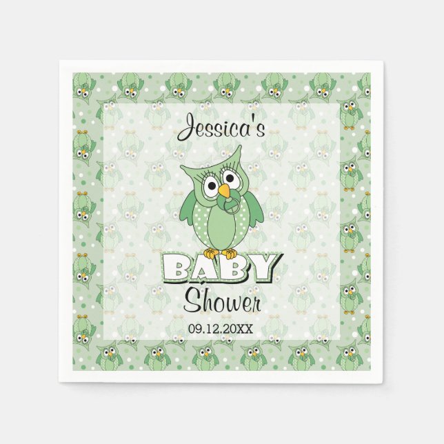 Green Polka Dot Owl Baby Dusche Thema Serviette (Vorderseite)