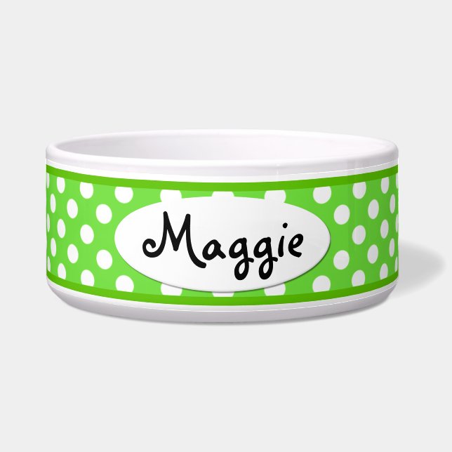 Green Polka Dot Personalisierte Keramik Dog Bowl Napf (Vorderseite)